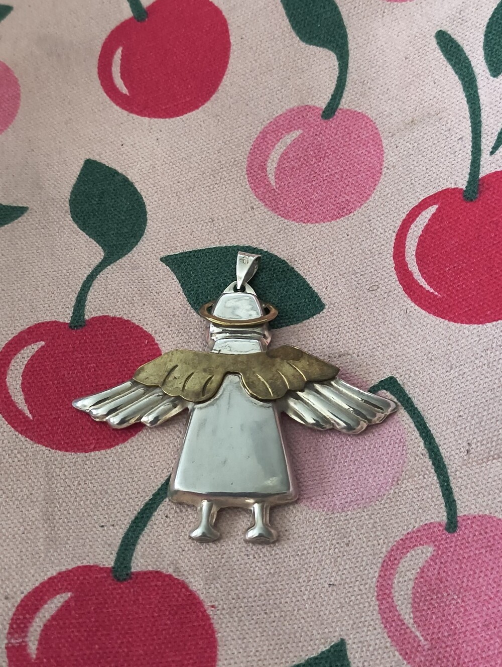 Vintage Mexico Sterling Silver & Brass Angel Pendant. Estate Find. Nice Size